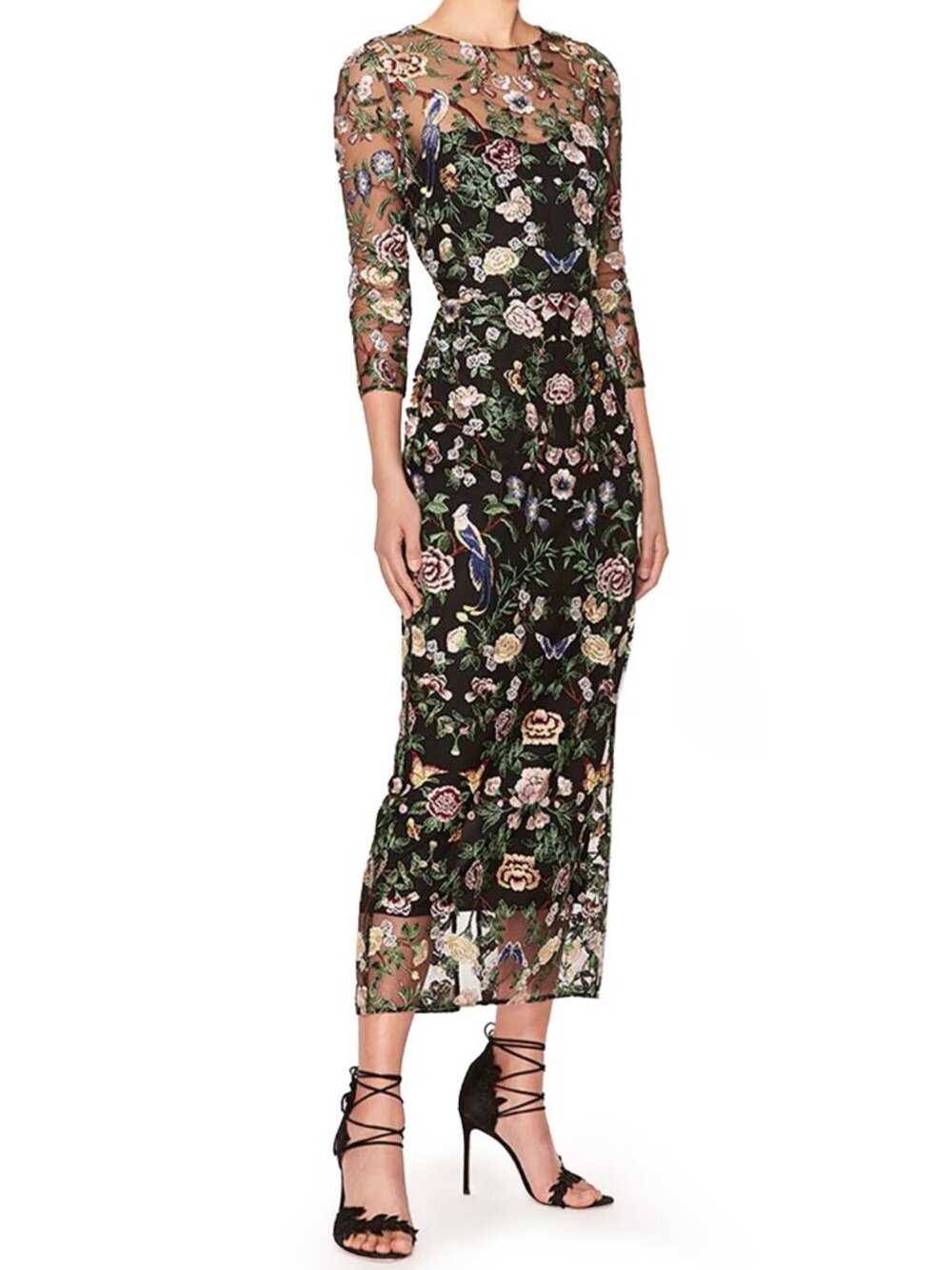 Marchesa Notte Botanical Embroidered Tulle Midi Cocktail Dress Black Size 2 - Picture 1 of 6